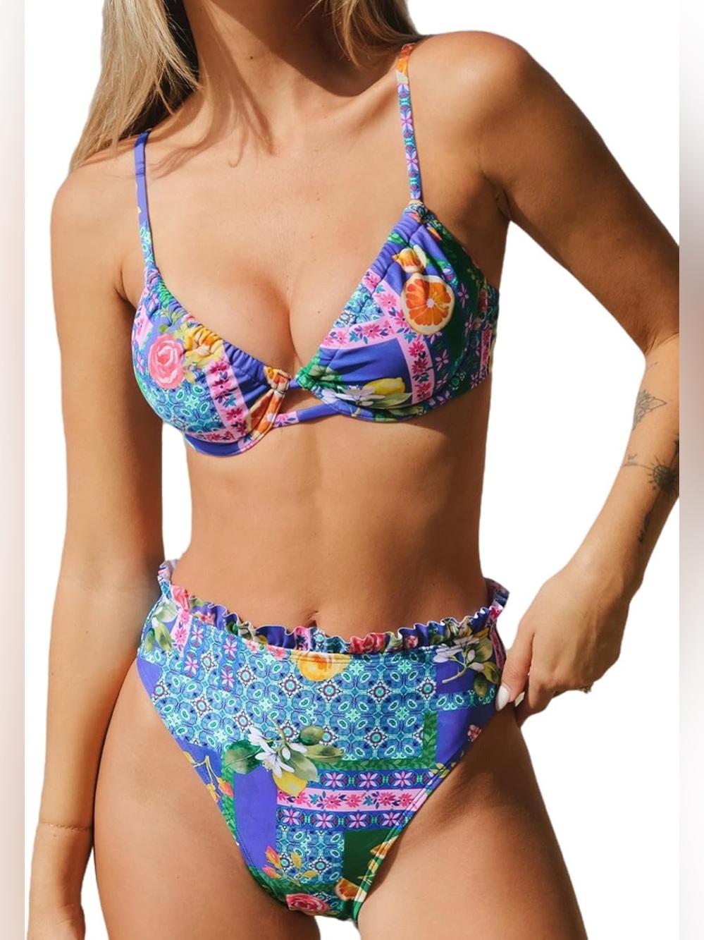 Cupshe Island Mosaic Ornate High Waisted Bikini blue multi Extra Large XL NWT